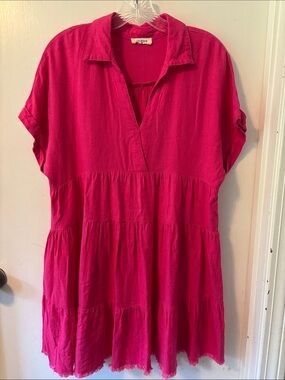 Umgee Bright Fuchsia Tiered V-Neck Tunic Dress
